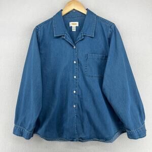 TALBOTS Shirt L Top 90s Denim Button Up Jacket 3/4 Sleeve Cotton Blue VTG